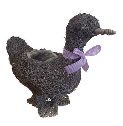 Gartendeko Ente mit Pflanzkorb grau