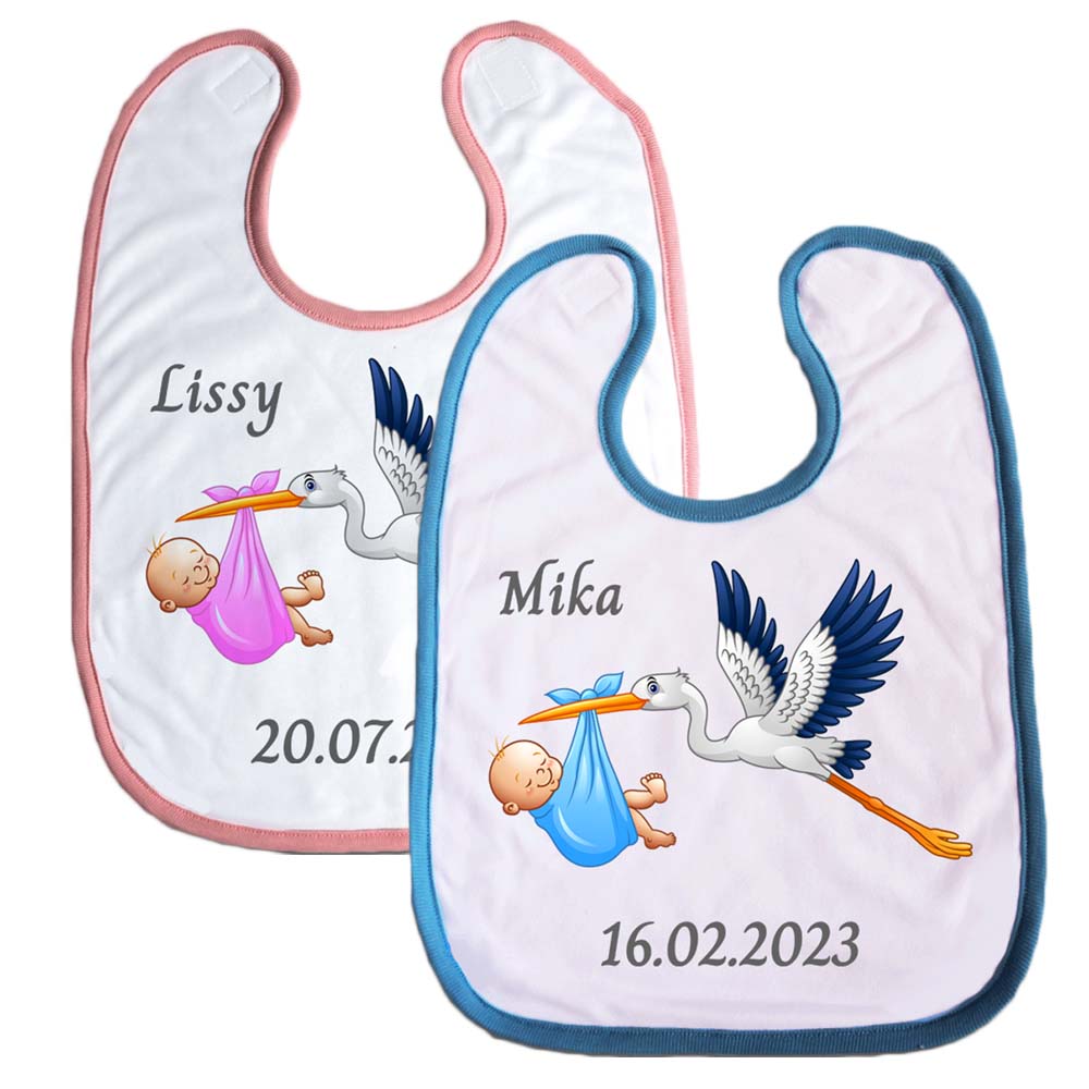 Babylätzchen mit Storch und Geburtsdaten | blau