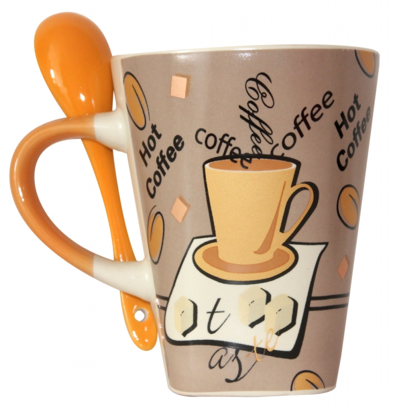 Becher mit Löffel Kaffeebecher Keramik im Kaffeedekor orange