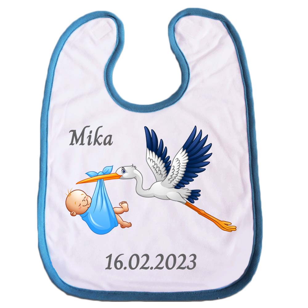 Babylätzchen mit Storch und Geburtsdaten | blau
