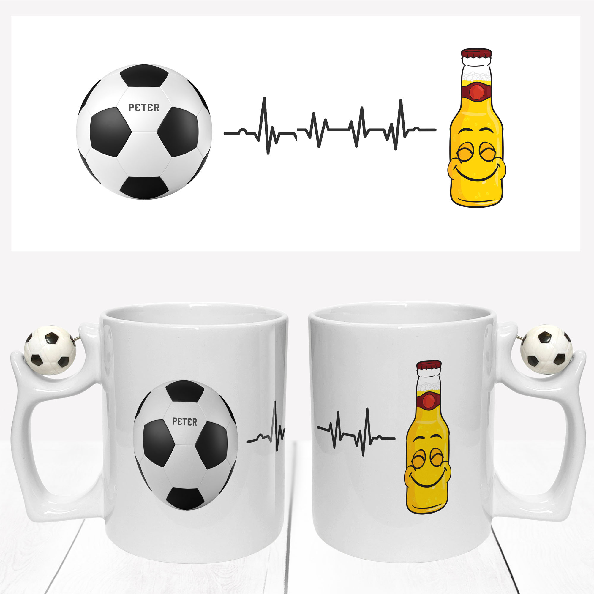 witzige Fußball Tasse mit Name | Herzschlaglinie Bierflasche