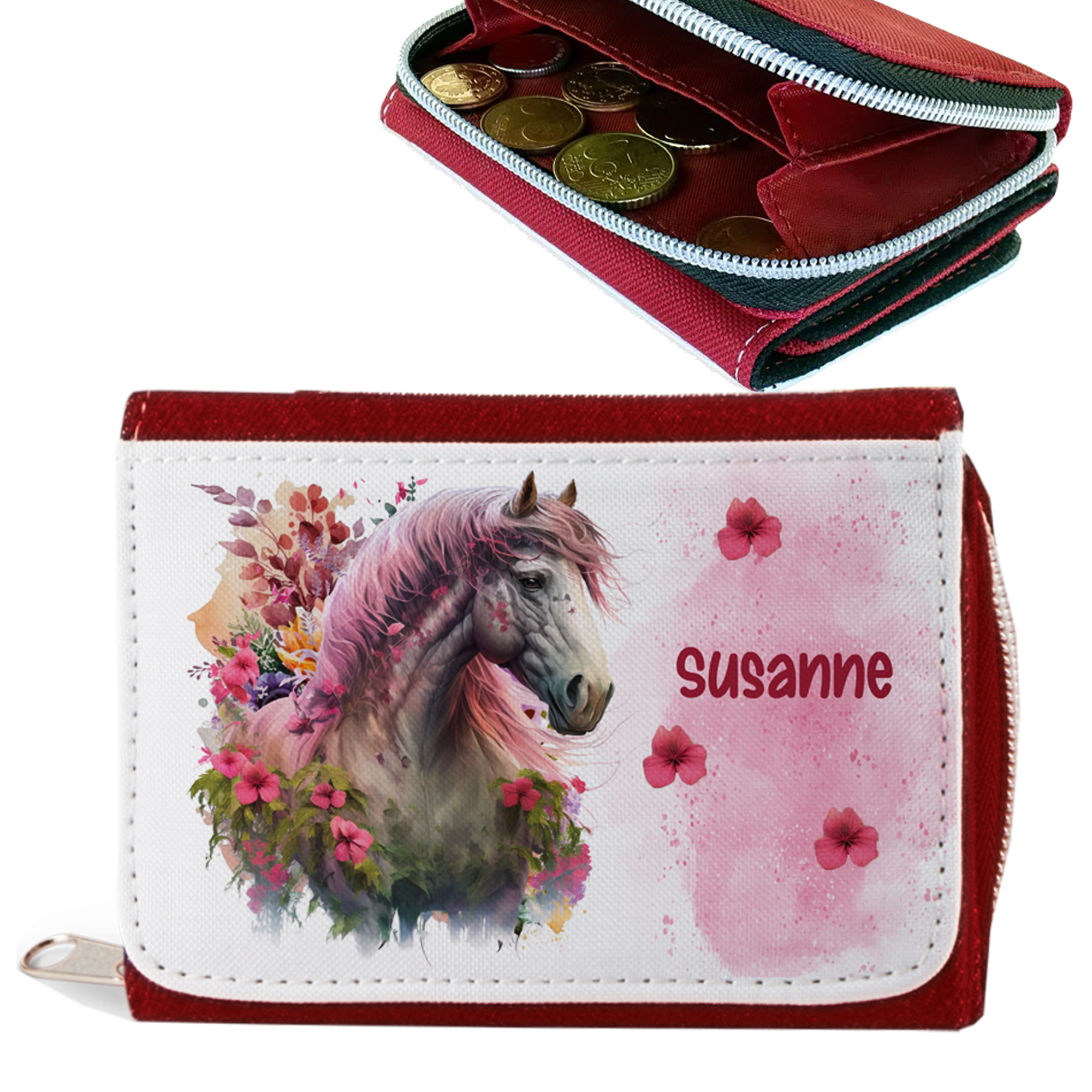 Geldbeutel rot mit Name Pferd Design rosa