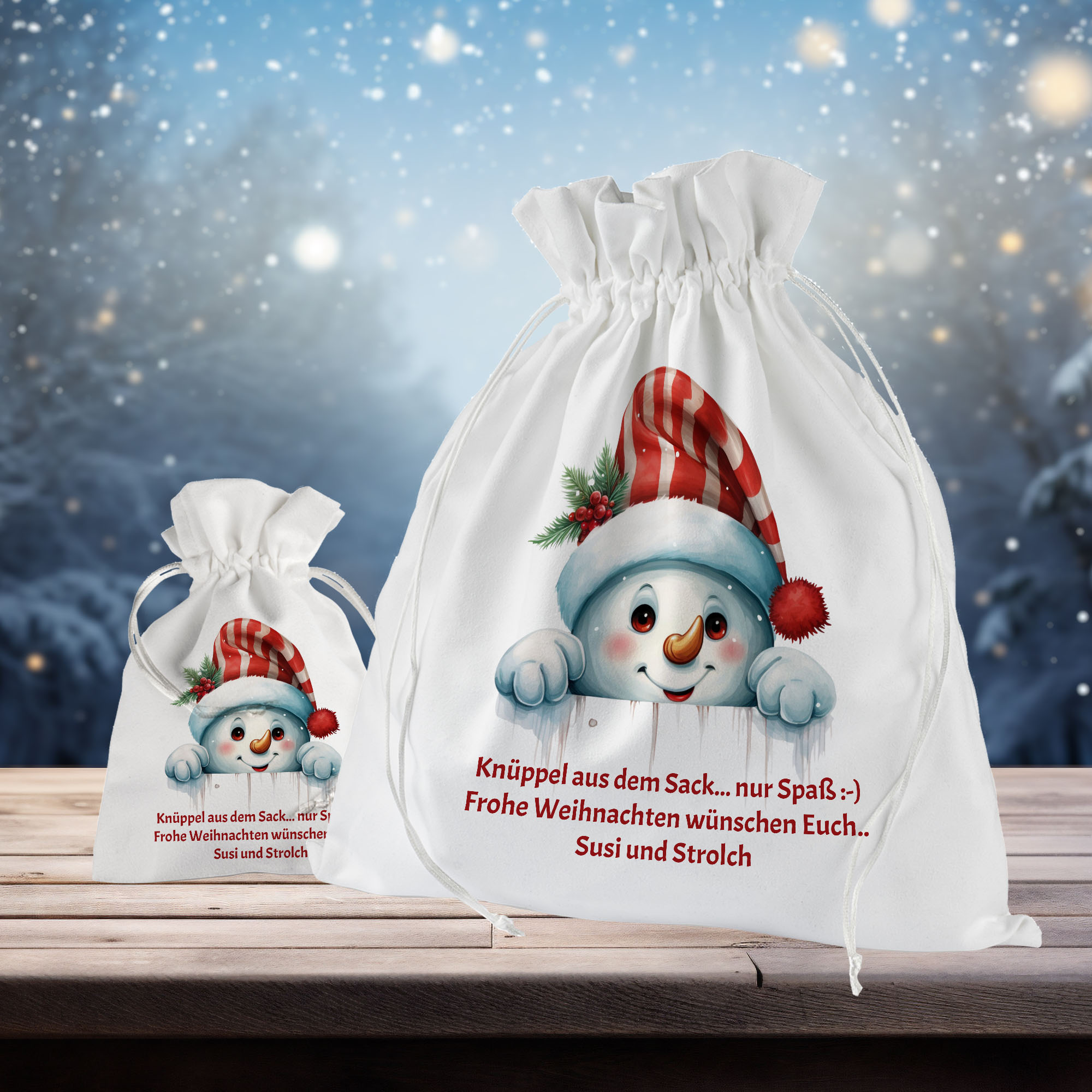 Schneemann Geschenkbeutel mit eigenem Text zu Weihnachten 15x19 cm