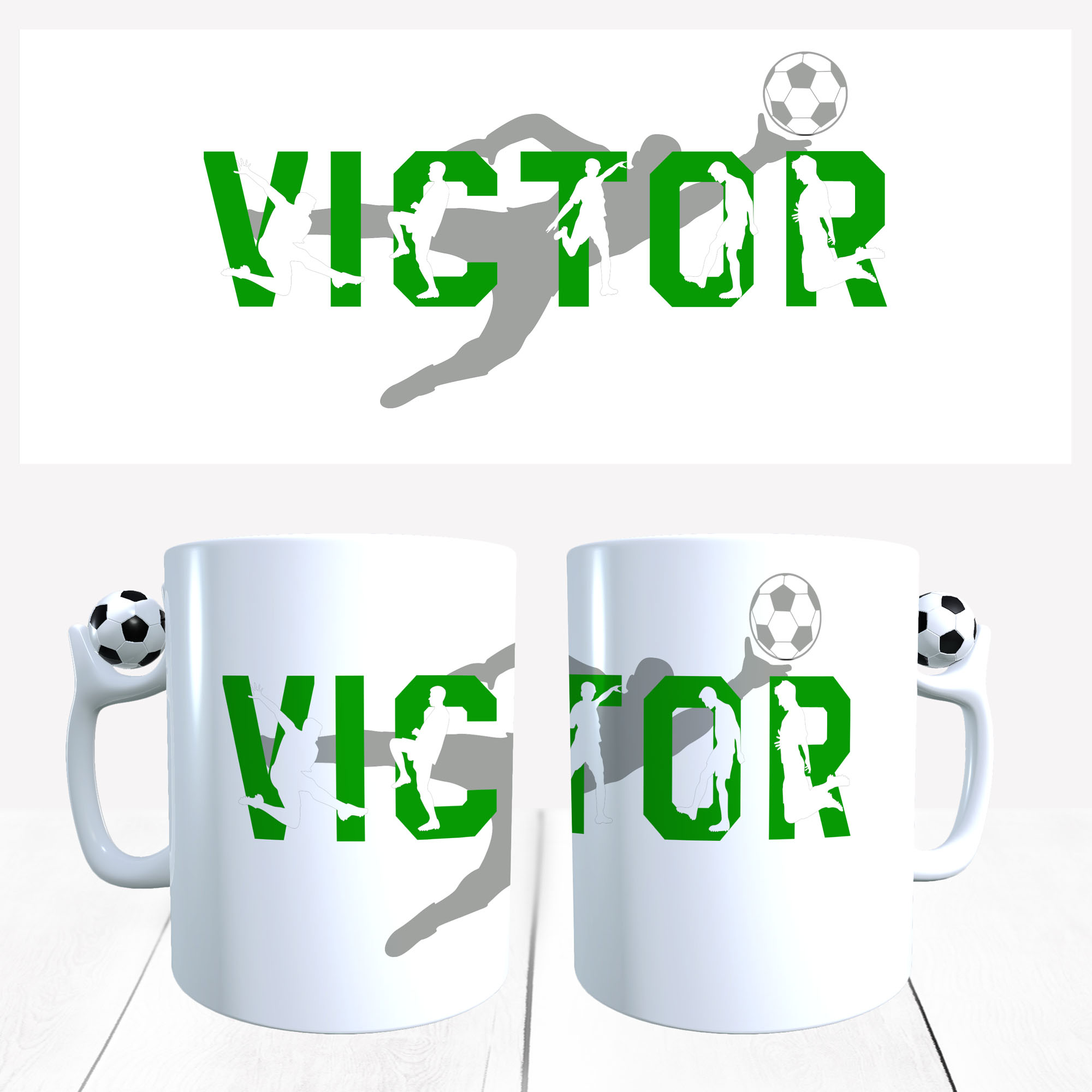 Fußball Tasse mit Name dekoriert mit Fußballern