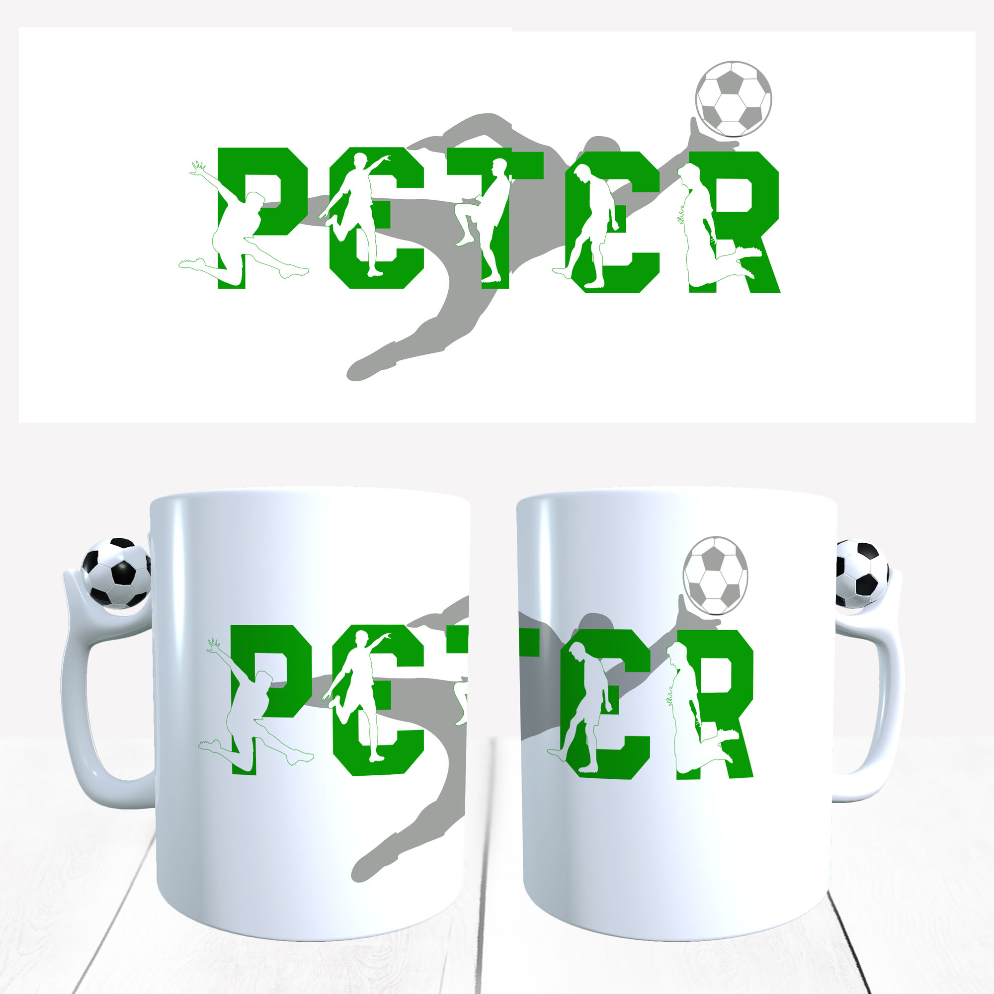 Fußball Tasse mit Name dekoriert mit Fußballern