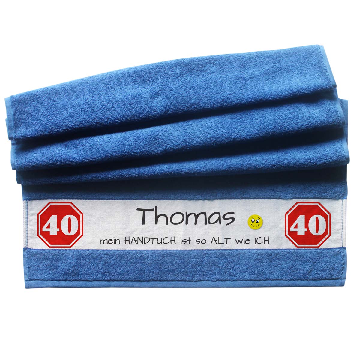 witziges Handtuch mit Name zum 40 Geburtstag blau