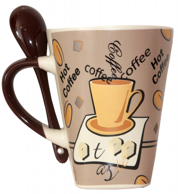 Becher mit Löffel Kaffeebecher Keramik im Kaffeedekor dunkelbraun
