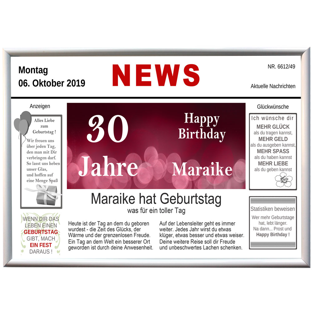 Alu Tafel News Geburtstag mit Name und Datum 30 Jahre