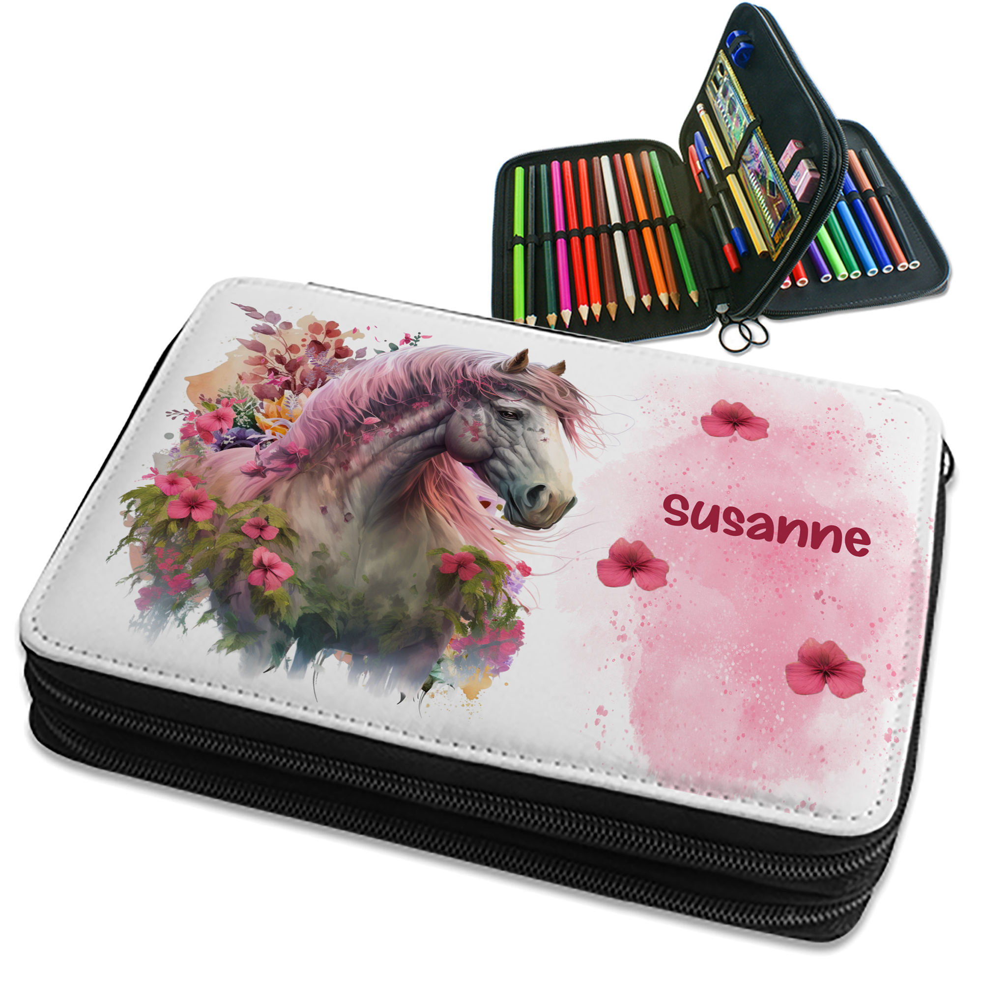 Federmappe mit Name Pferd Design rosa | gefüllt