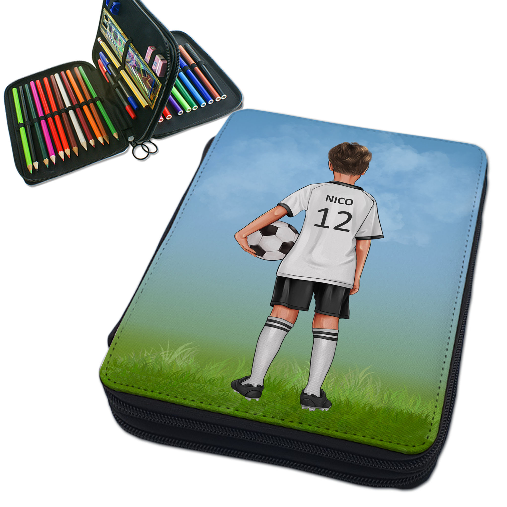 Federmappe mit Name Rückennummer auf Trikot Fußballer