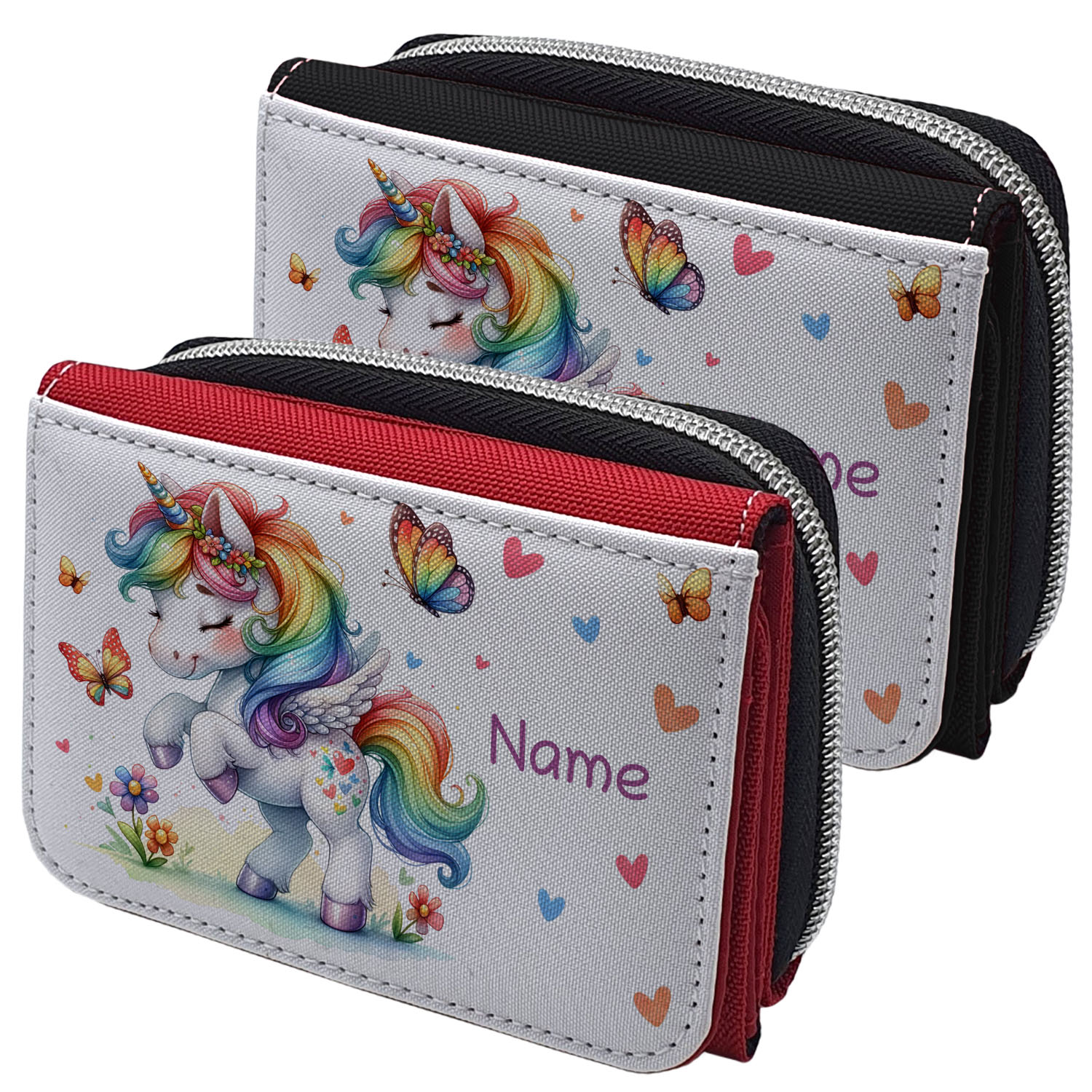 Geldbeutel mit Name im Design Einhorn mit Herzen und Schmetterling