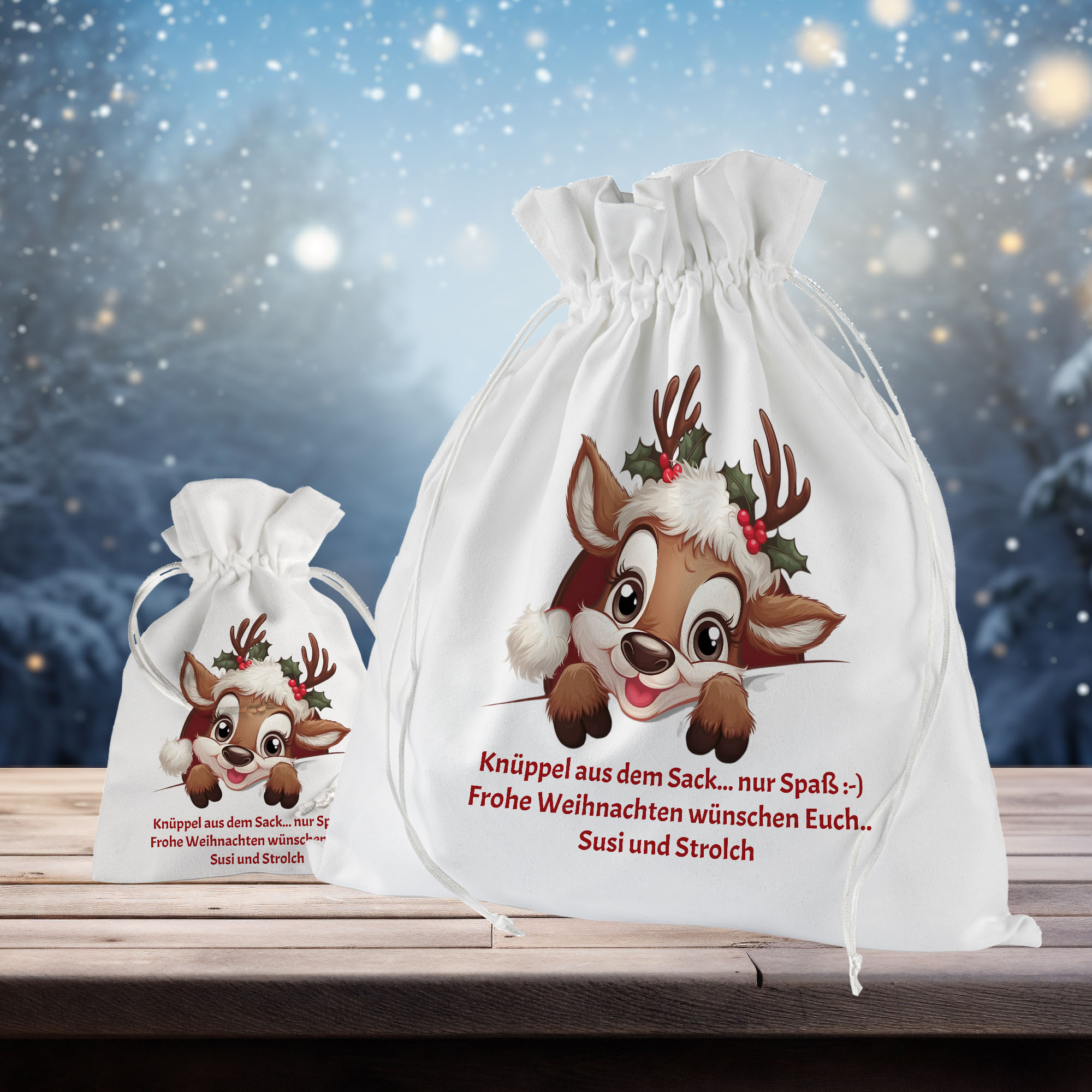 Rentier Geschenkbeutel mit eigenem Text zu Weihnachten