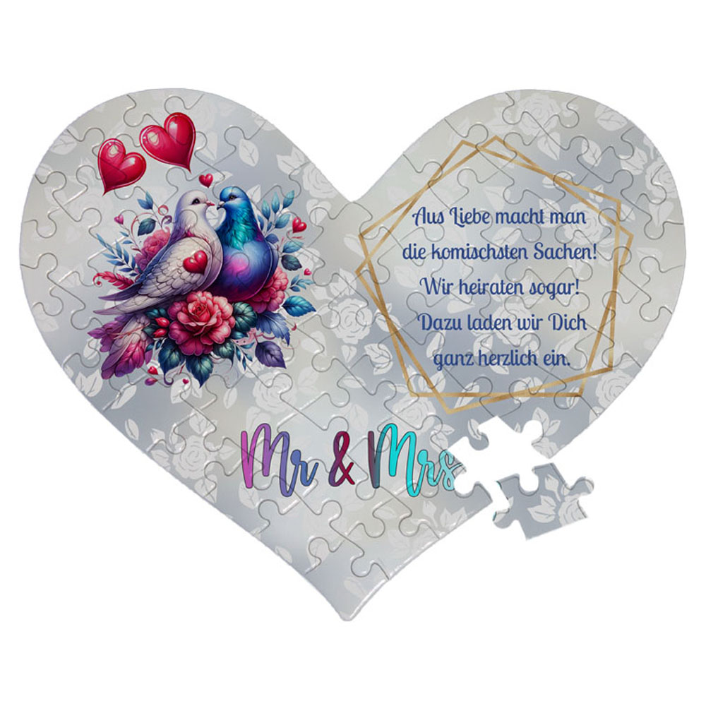 Puzzle zur Hochzeit mit Wunschtext im Taubenpaar Design