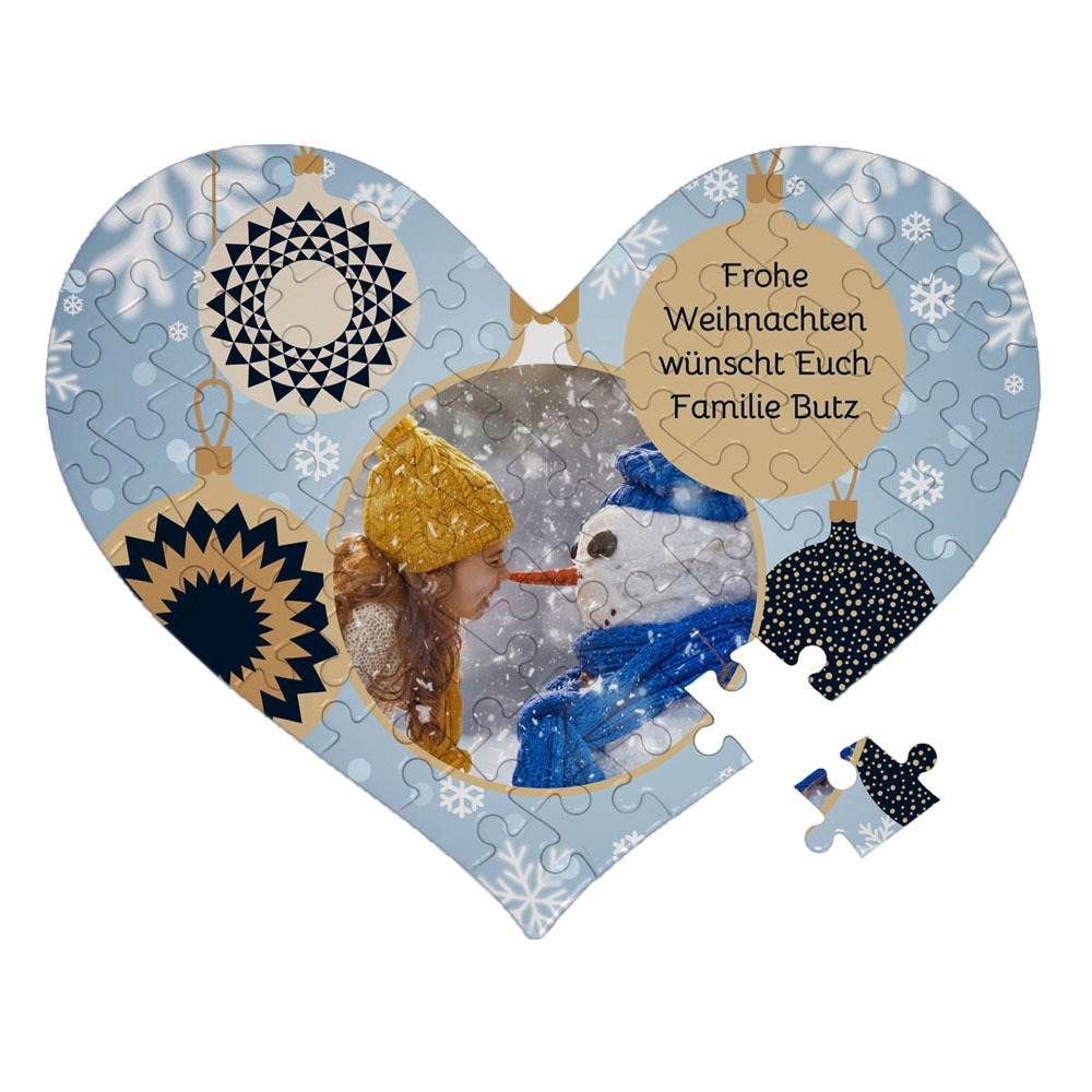 Fotopuzzle zu Weihnachten mit Text Weihnachtskugeln Herz-Form