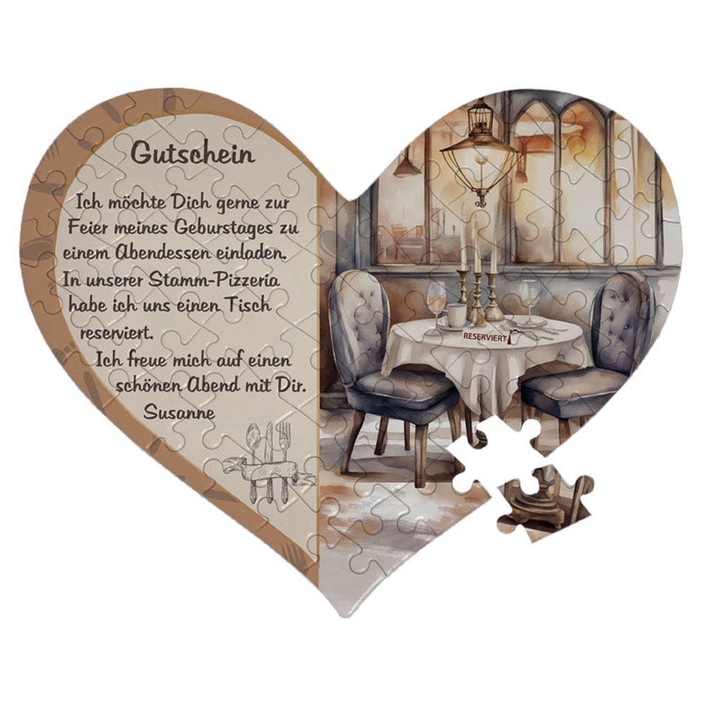 Herz Puzzle mit Wunschtext als Gutschein Design Restaurant