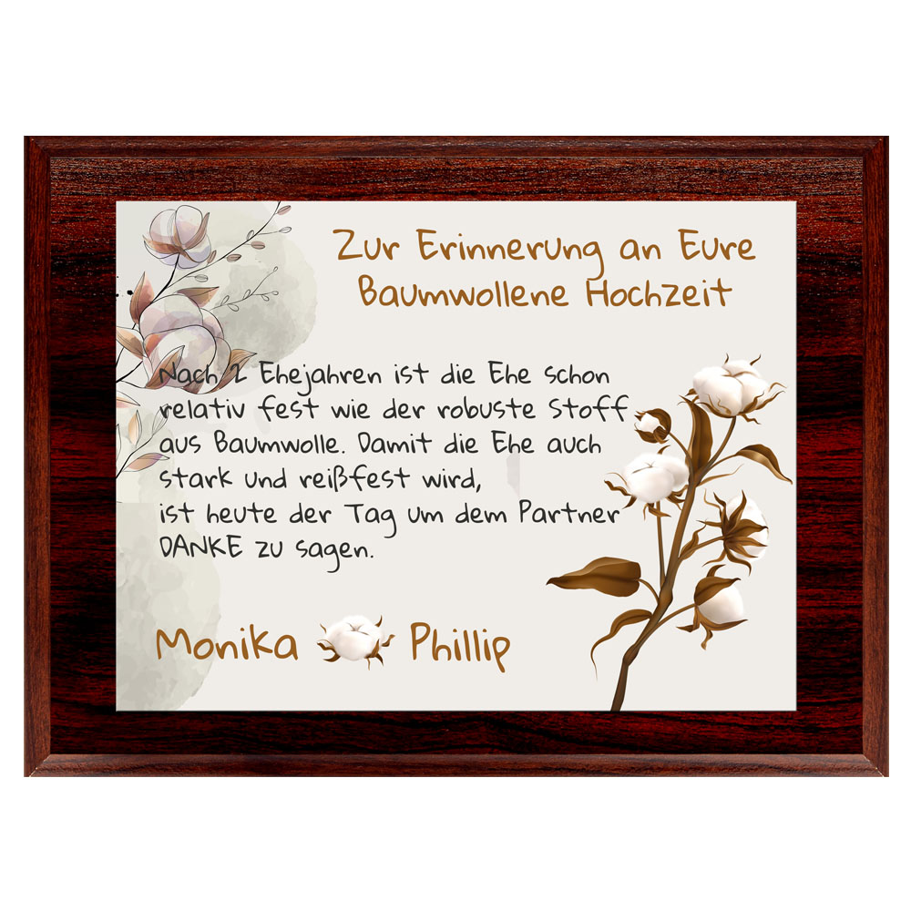 2 Hochzeitstag Baumwollene Hochzeit mit Namen auf Holztafel