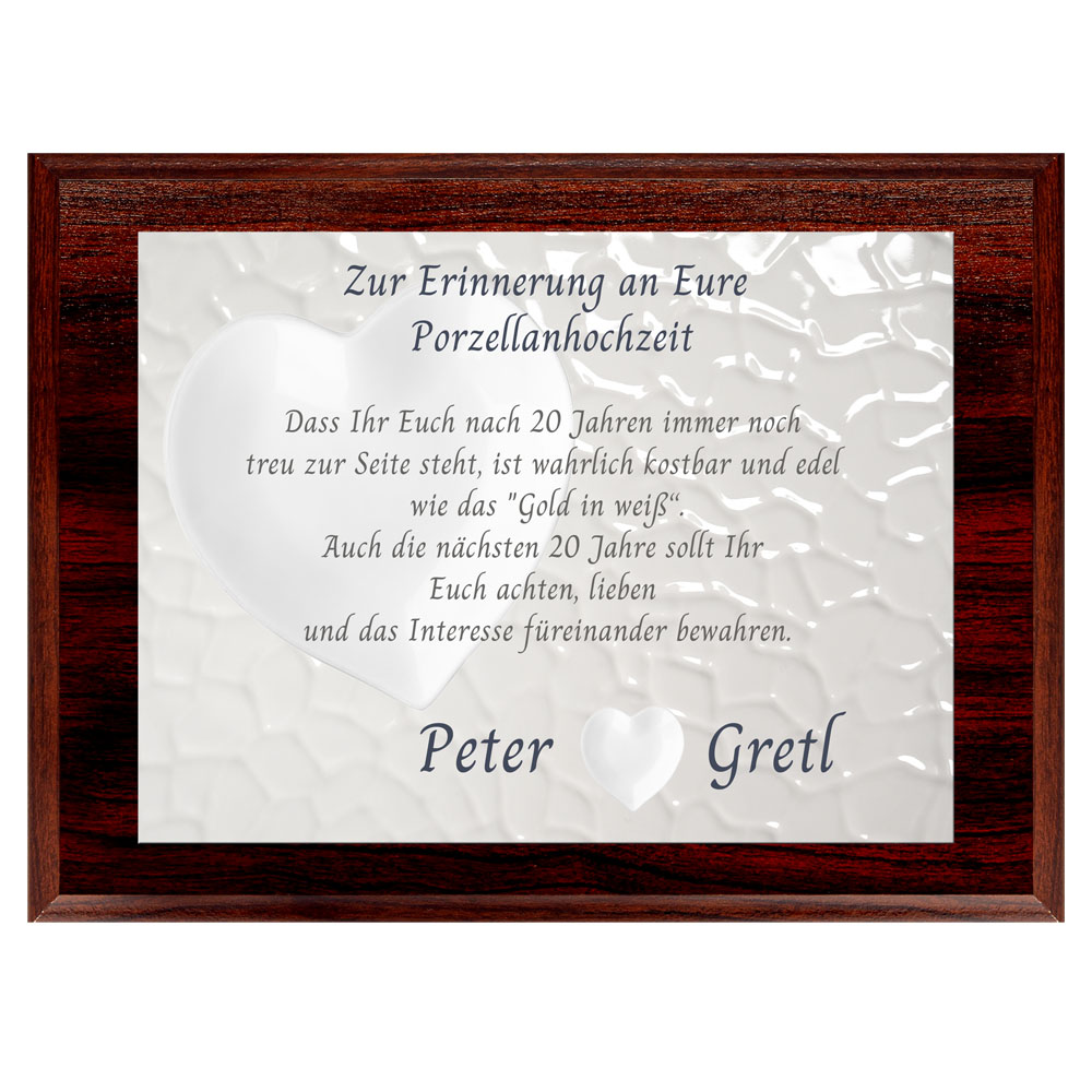 20 Hochzeitstag Porzellanhochzeit mit Namen auf Holztafel