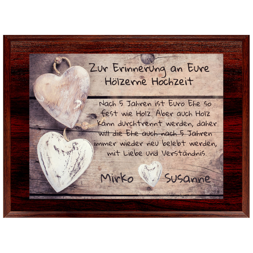 5 Hochzeitstag Hölzerne Hochzeit mit Namen auf Holztafel