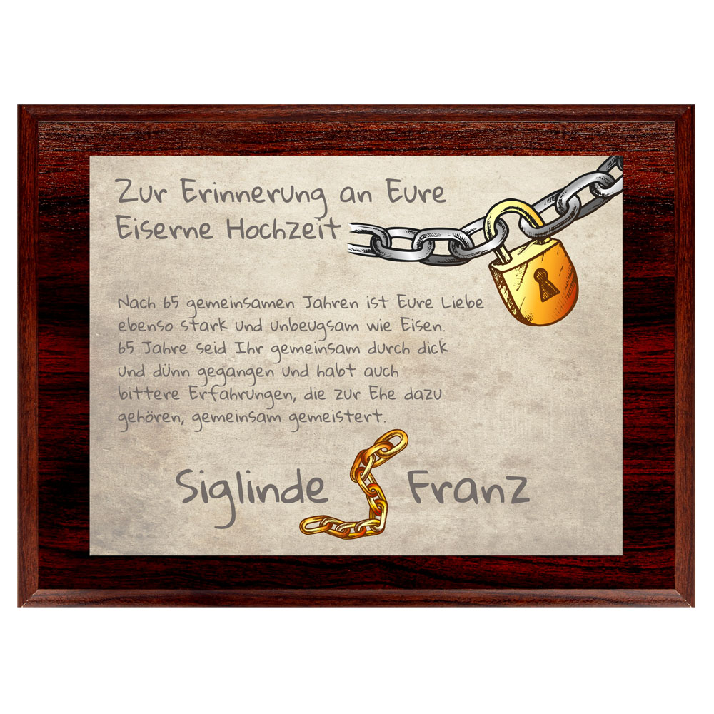 65 Hochzeitstag Eiserne Hochzeit mit Namen auf Holztafel