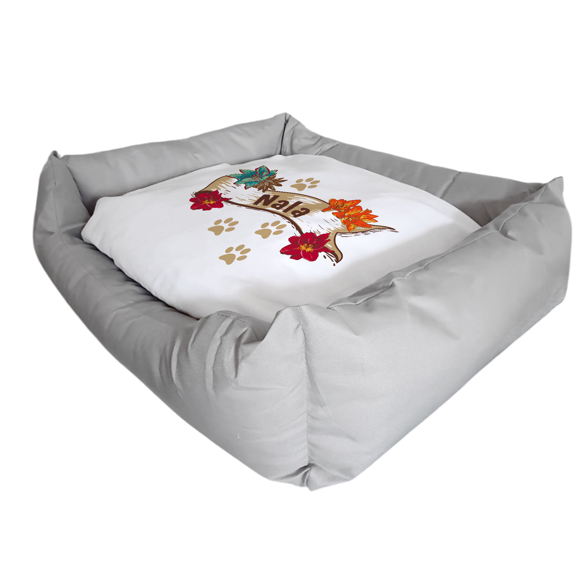 Hundebett mit Name im Blumen-Design rot