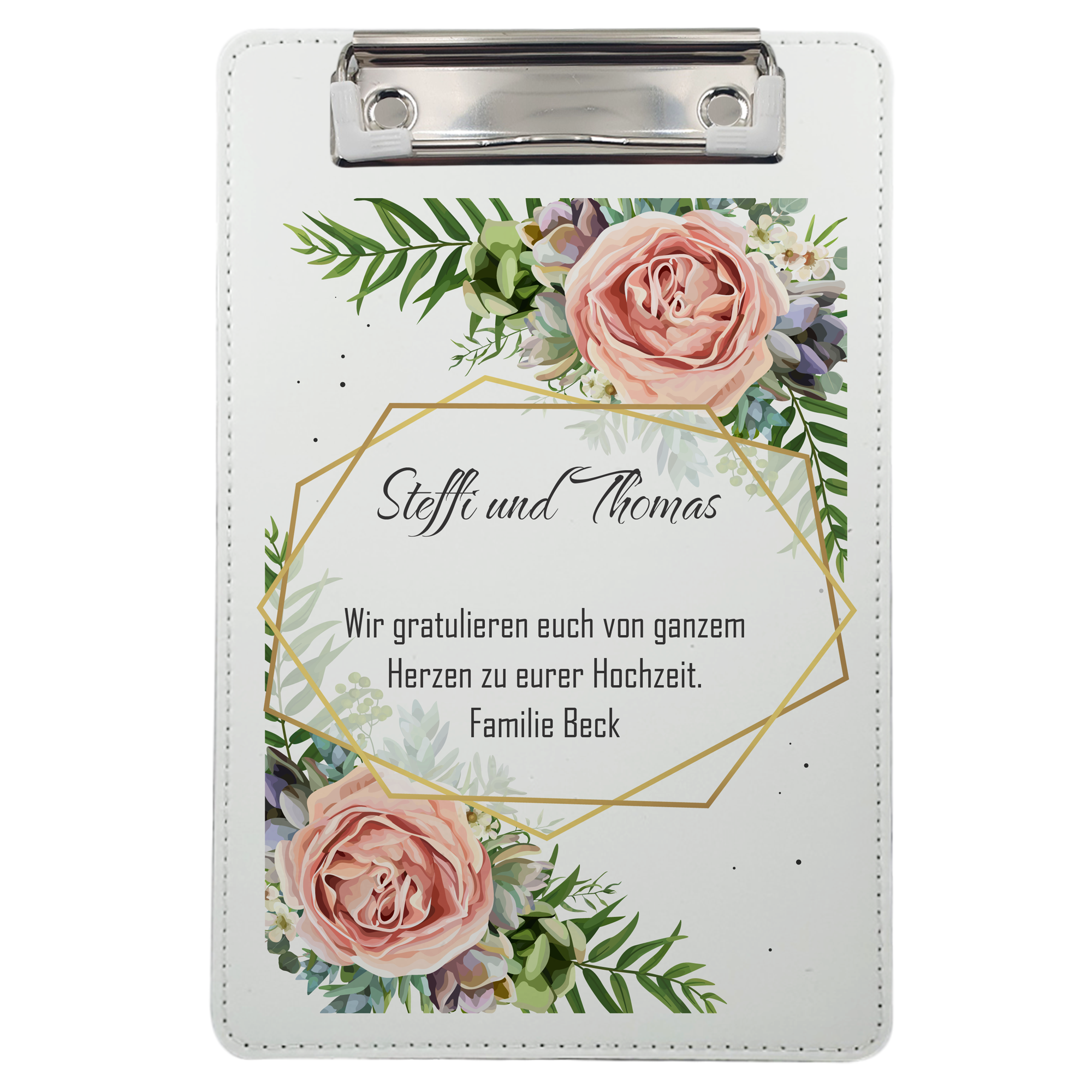 Klemmbrett Hochzeit mit Namen und Wunschtext
