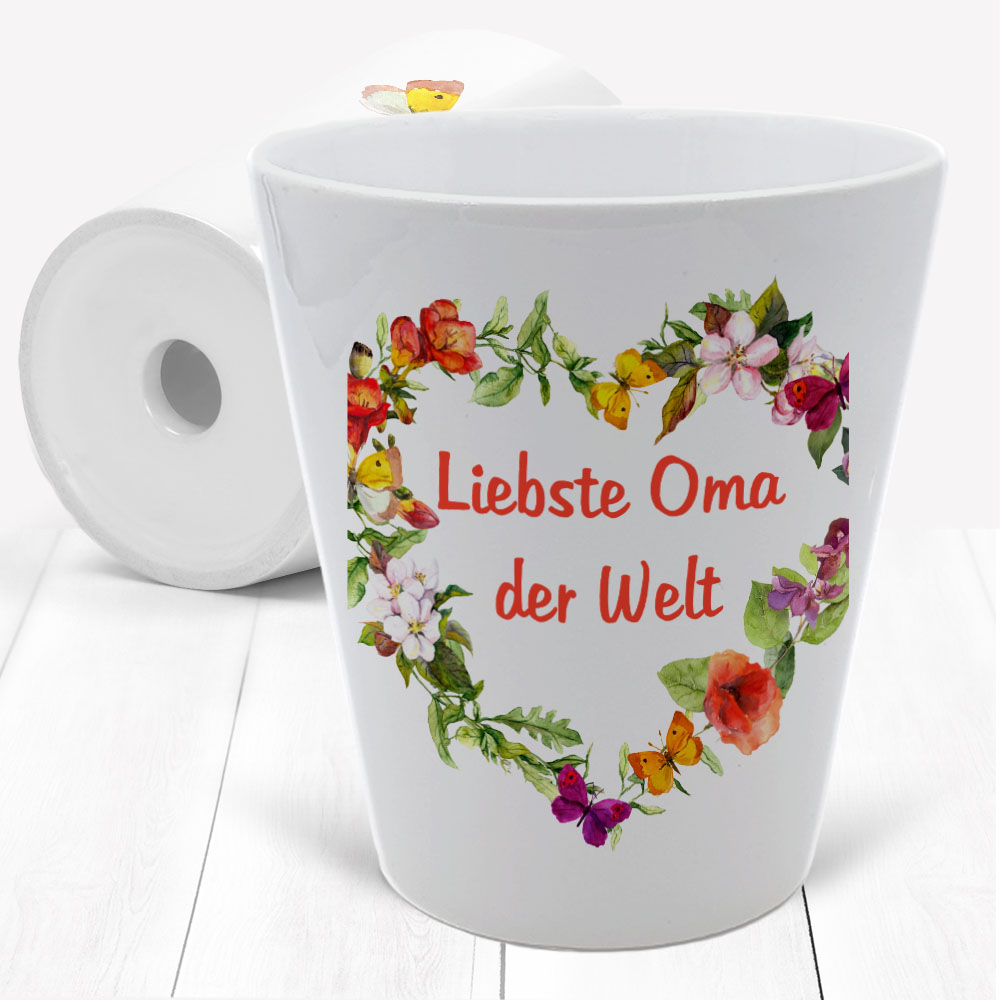 Blumentopf Liebste Oma im Blumenherz mit Schmetterlingen