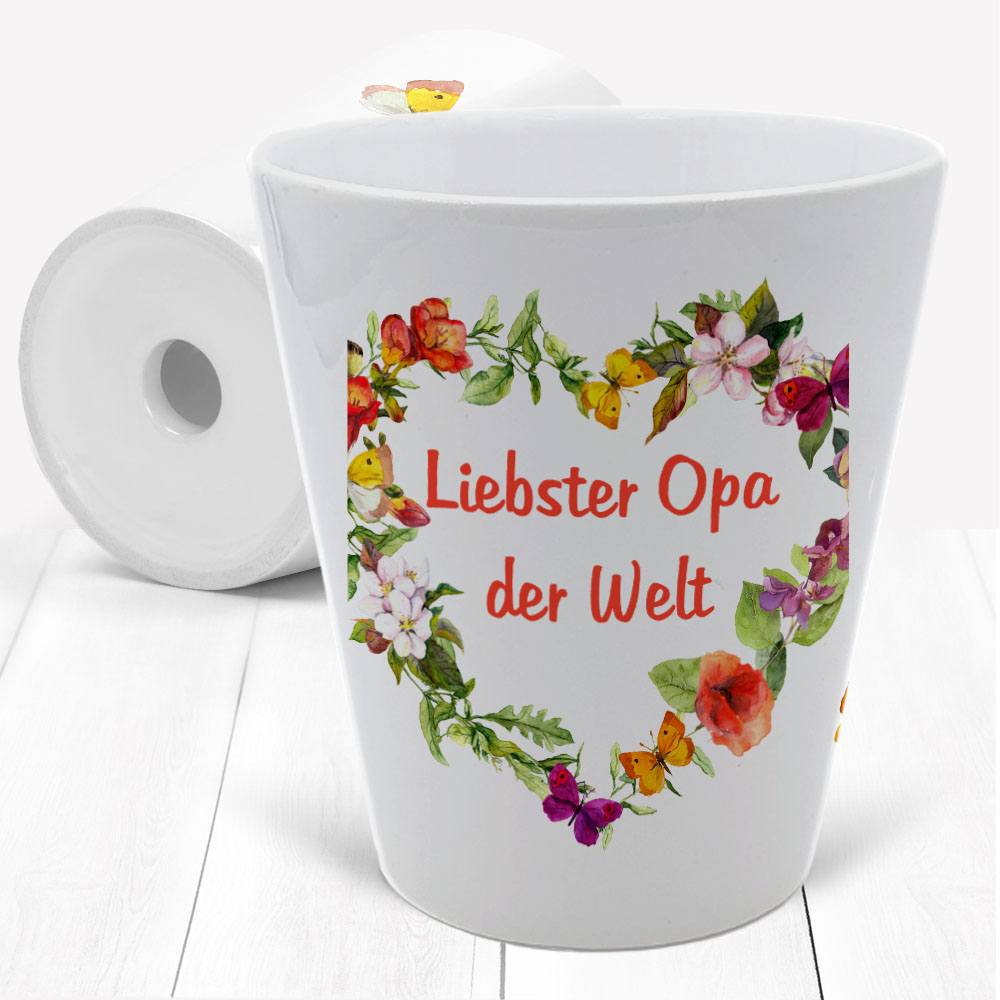 Blumentopf Liebster Opa im Blumenherz mit Schmetterlingen