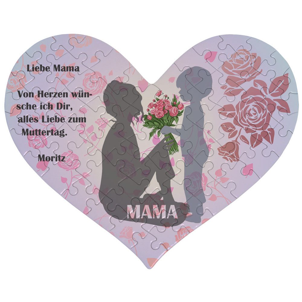 Puzzle zum Muttertag Mutter & Sohn mit Wunschtext Herz-Form