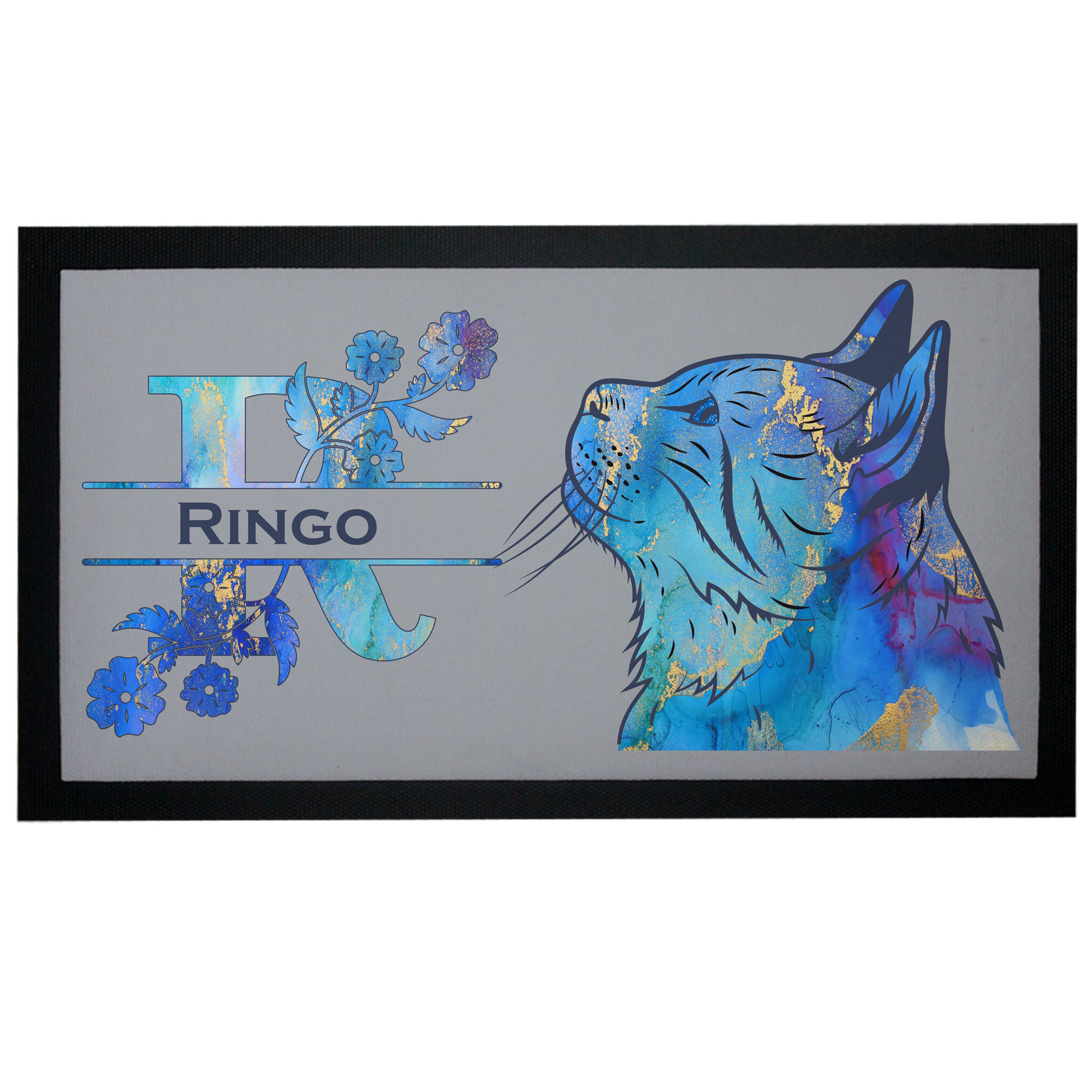 Napfunterlage Katze mit Name Floral-Design blau-gold