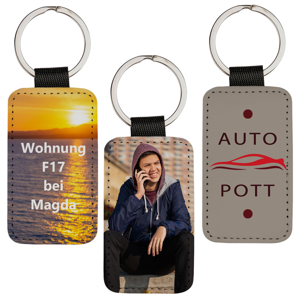 Kunstleder Schlüsselanhänger mit Logo / Foto 4x7 cm hoch