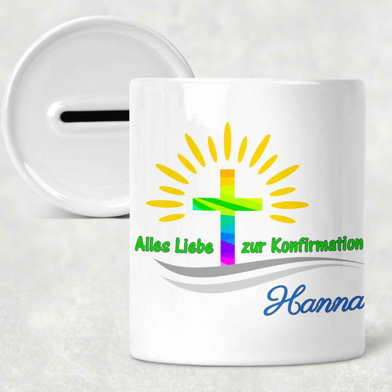 Spardose Konfirmation mit Name | buntes Kreuz