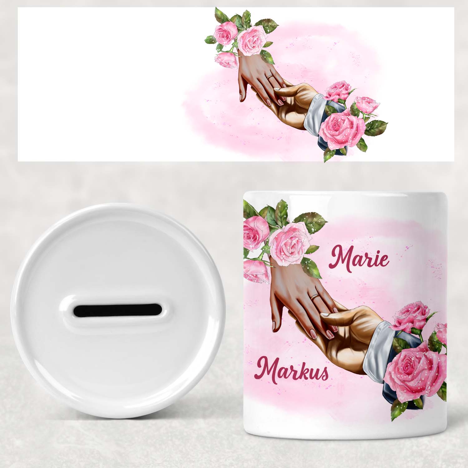 Spardose zur Hochzeit mit Namen Hand in Hand Mann und Frau