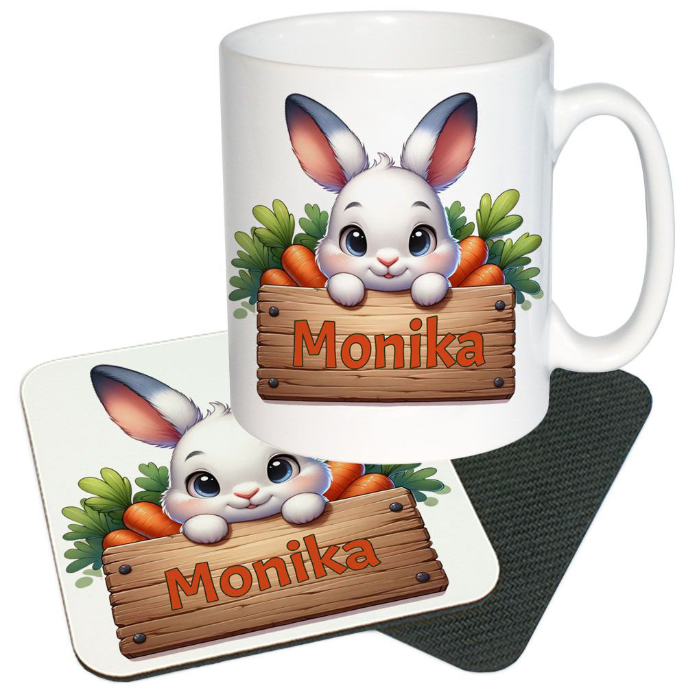 Tasse mit Untersetzer mit Name | Hase mit Schild