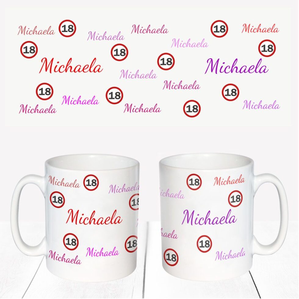 Tasse Geburtstag mit Name und Zahl rot-violett – Bild 2