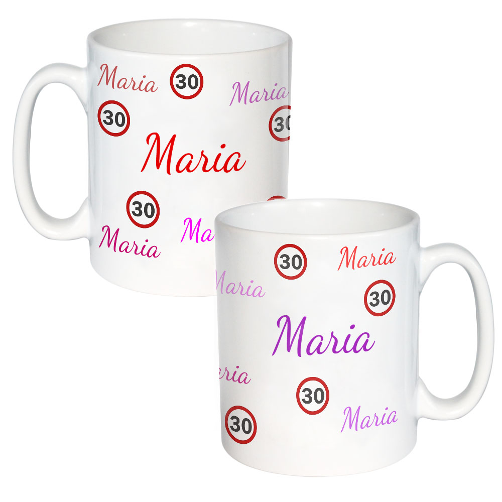 Tasse Geburtstag mit Name und Zahl rot-violett