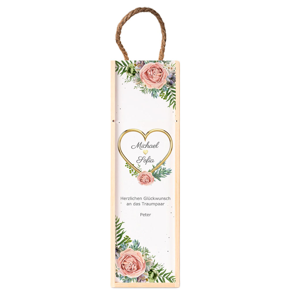 Weinkiste mit Name und Text | goldenes Herz |  für 1 Flasche