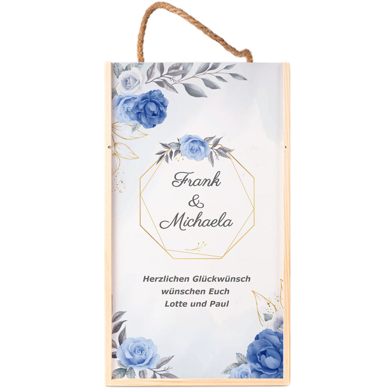 Weinkiste mit Name und Text | blaue Blumen |  für 2 Flaschen