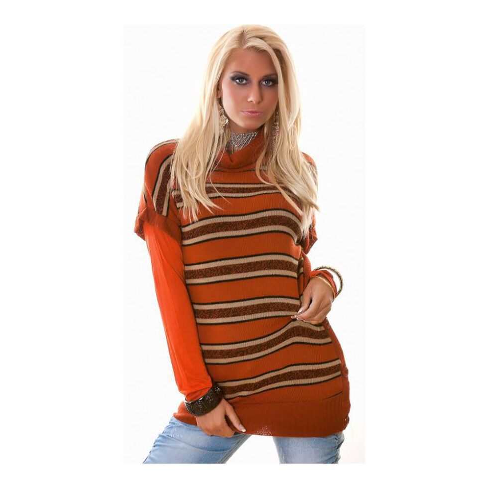 Damen Long Pullover im double Look braun-beige – Bild 4