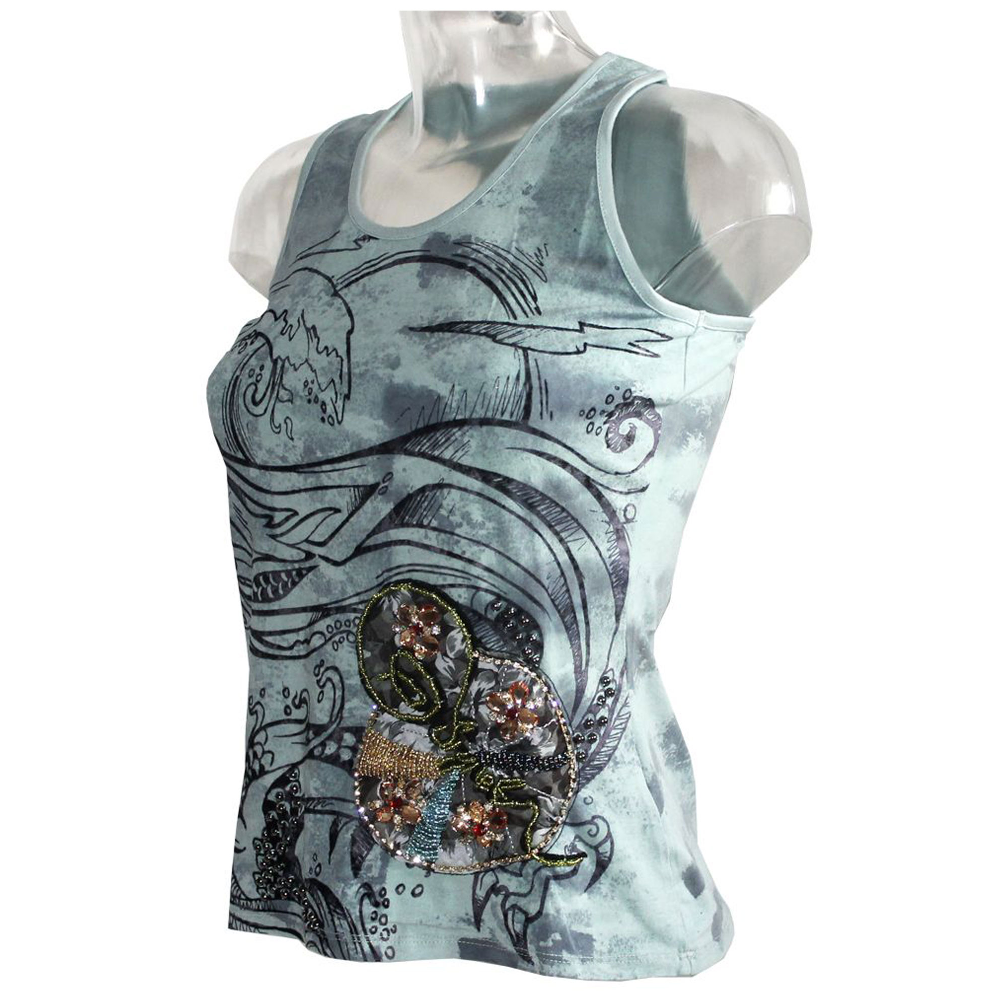 Damen Tank Top Shirt Signet 1265 mintgrün mit Stickereien