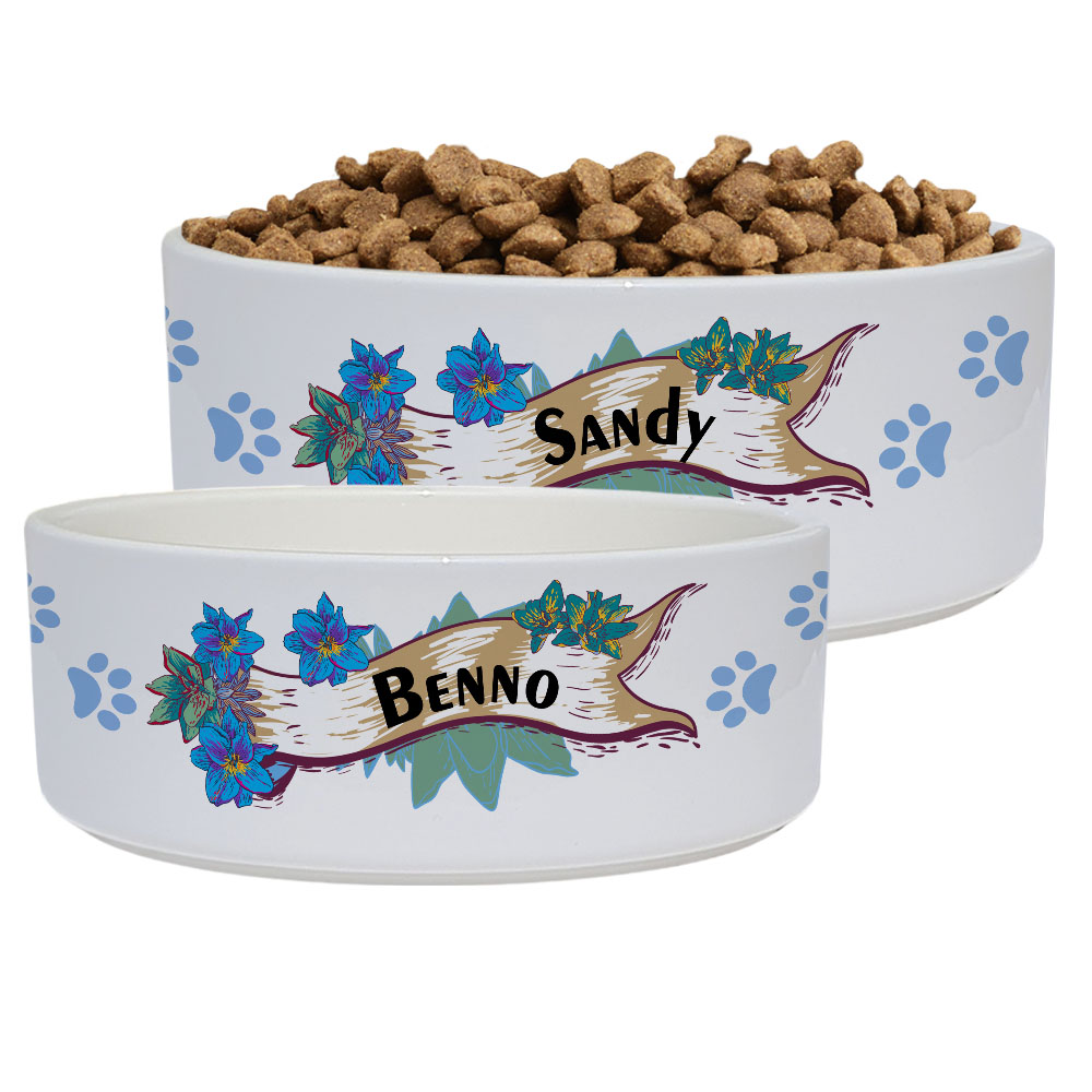 Hundenapf mit Name im Design "blaue Blumen"