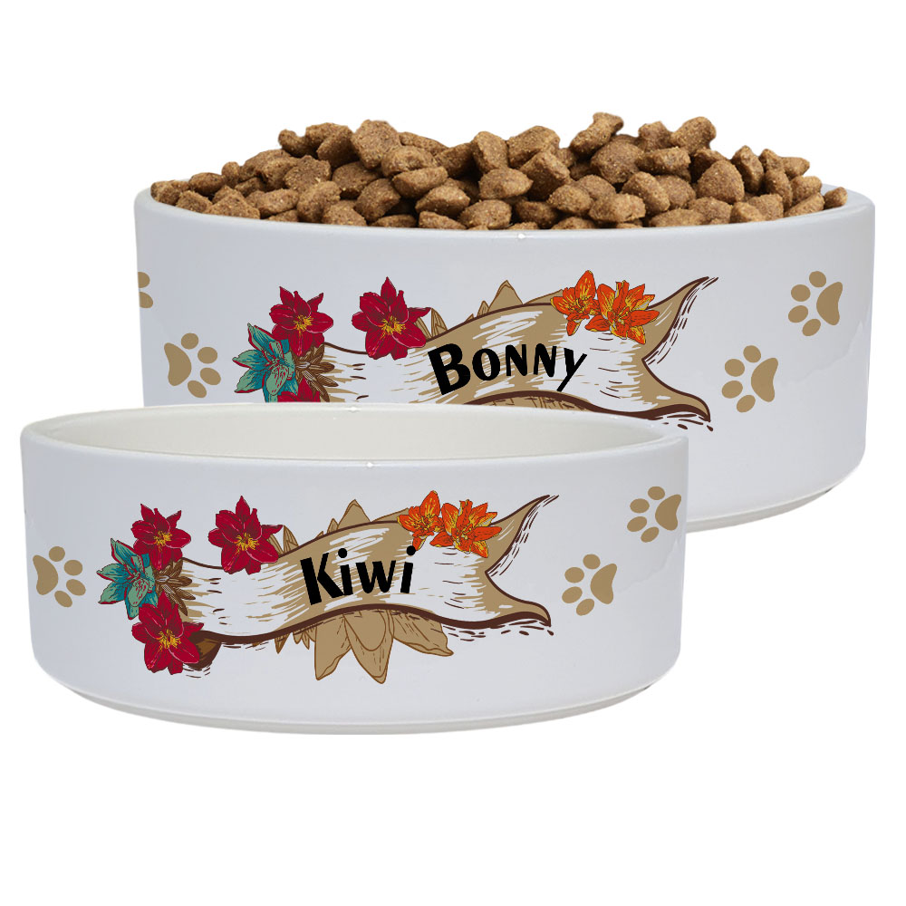 Hundenapf mit Name im Design "rote Blumen"