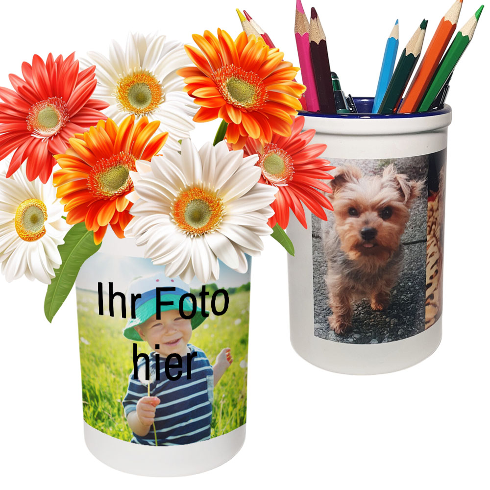 Keramikbecher mit Foto als Vase Stiftehalter blau-weiss