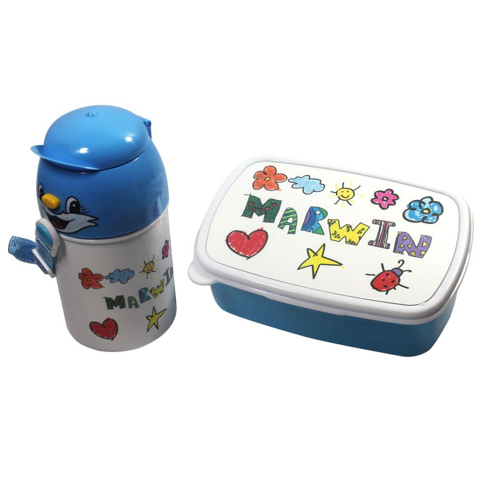 Jungen Lunch Box + Trinkflasche blau mit Name