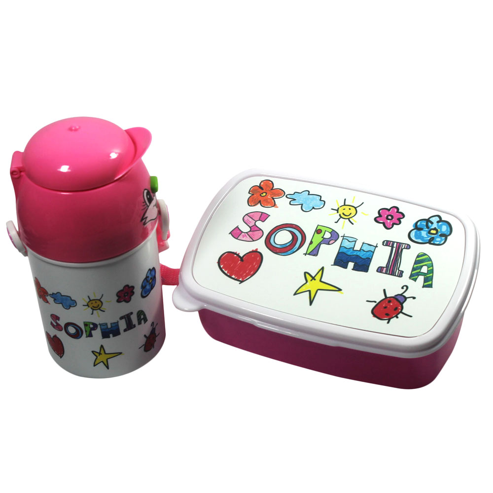 Mädchen Lunch Box + Trinkflasche pink mit Name