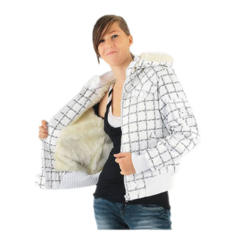 kurze Damen Jacke fellgefüttert mit Kapuze in Karo weiß
