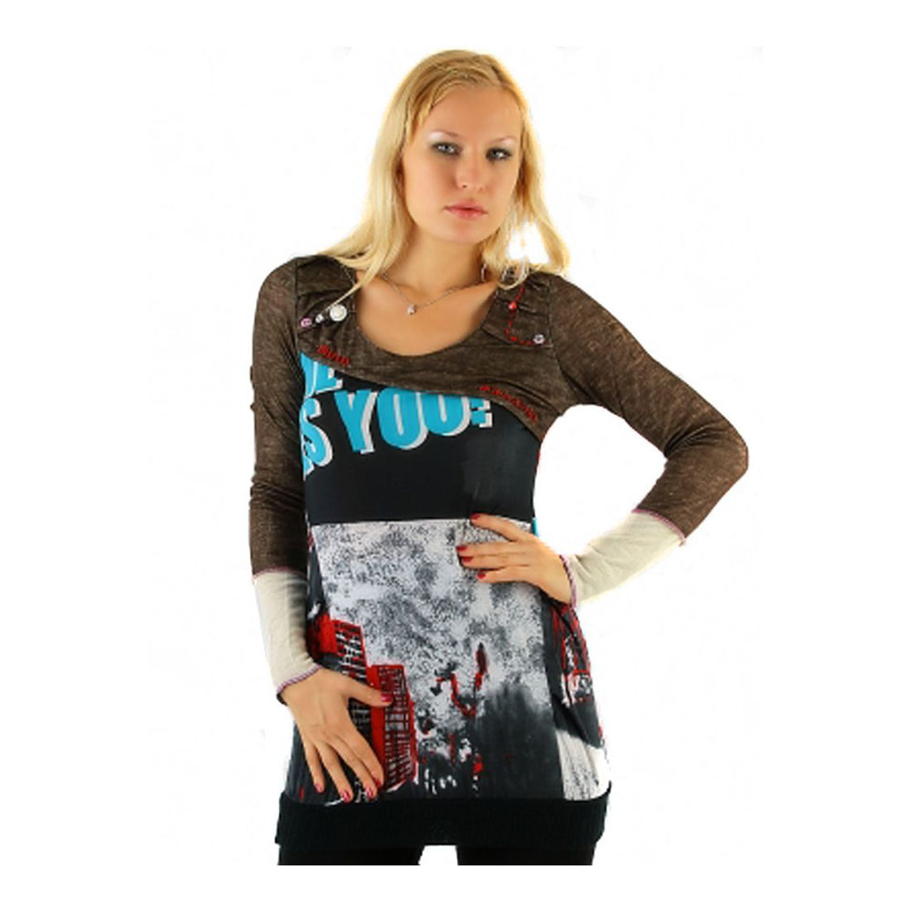 Long Pullover mit Print Grau/Braun Gr. L ausgefallen