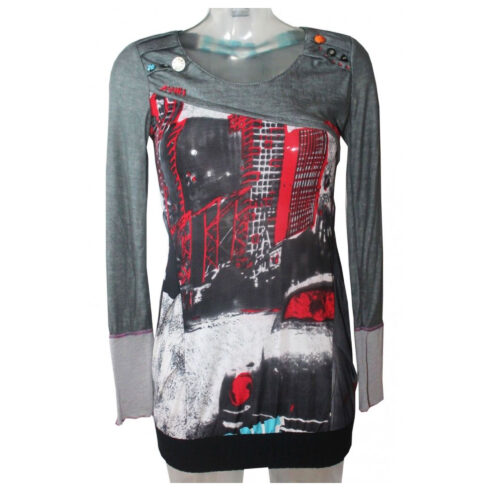 Long Pullover mit Print Grau Rot Gr. S ausgefallen