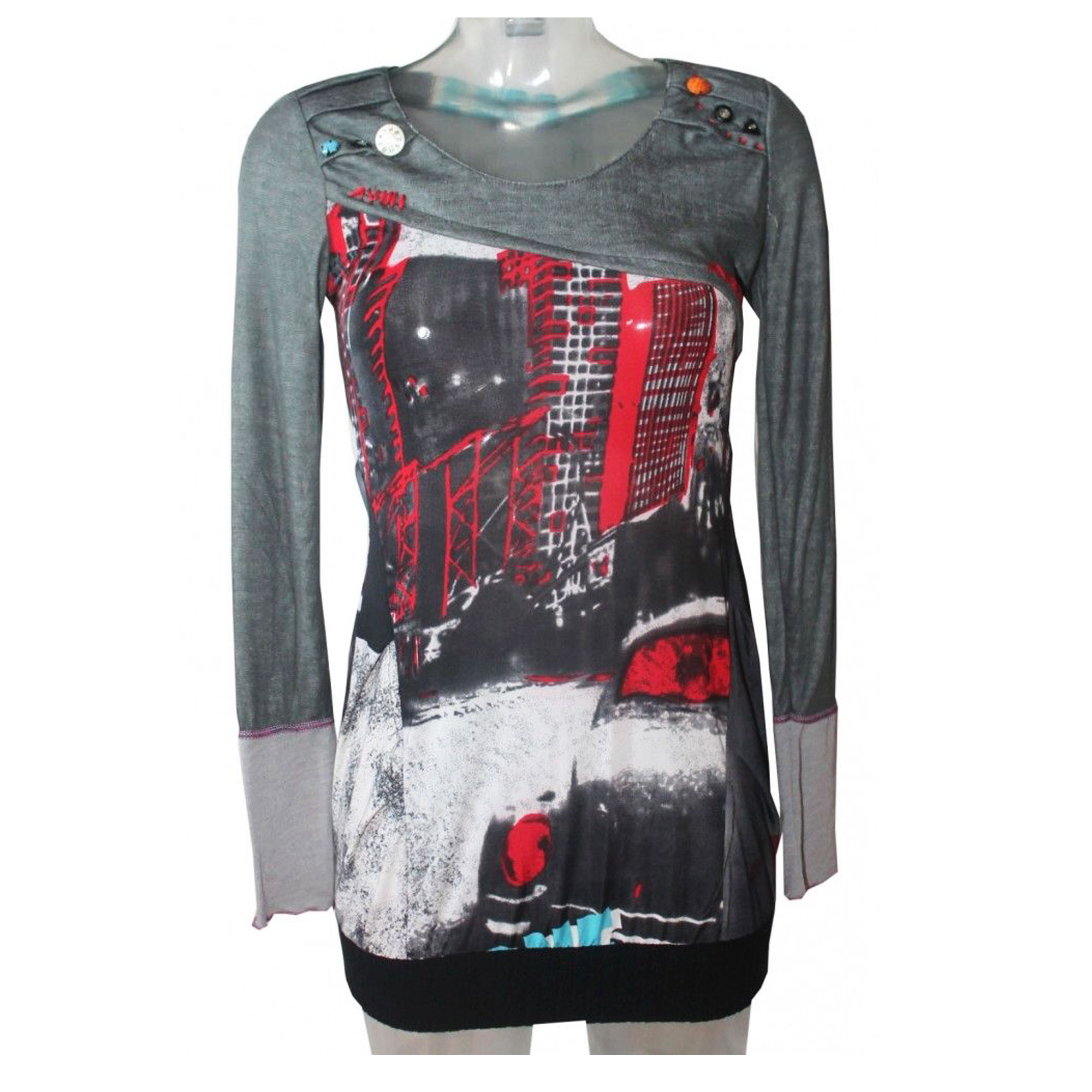 Long Pullover mit Print Grau Rot Gr. S ausgefallen
