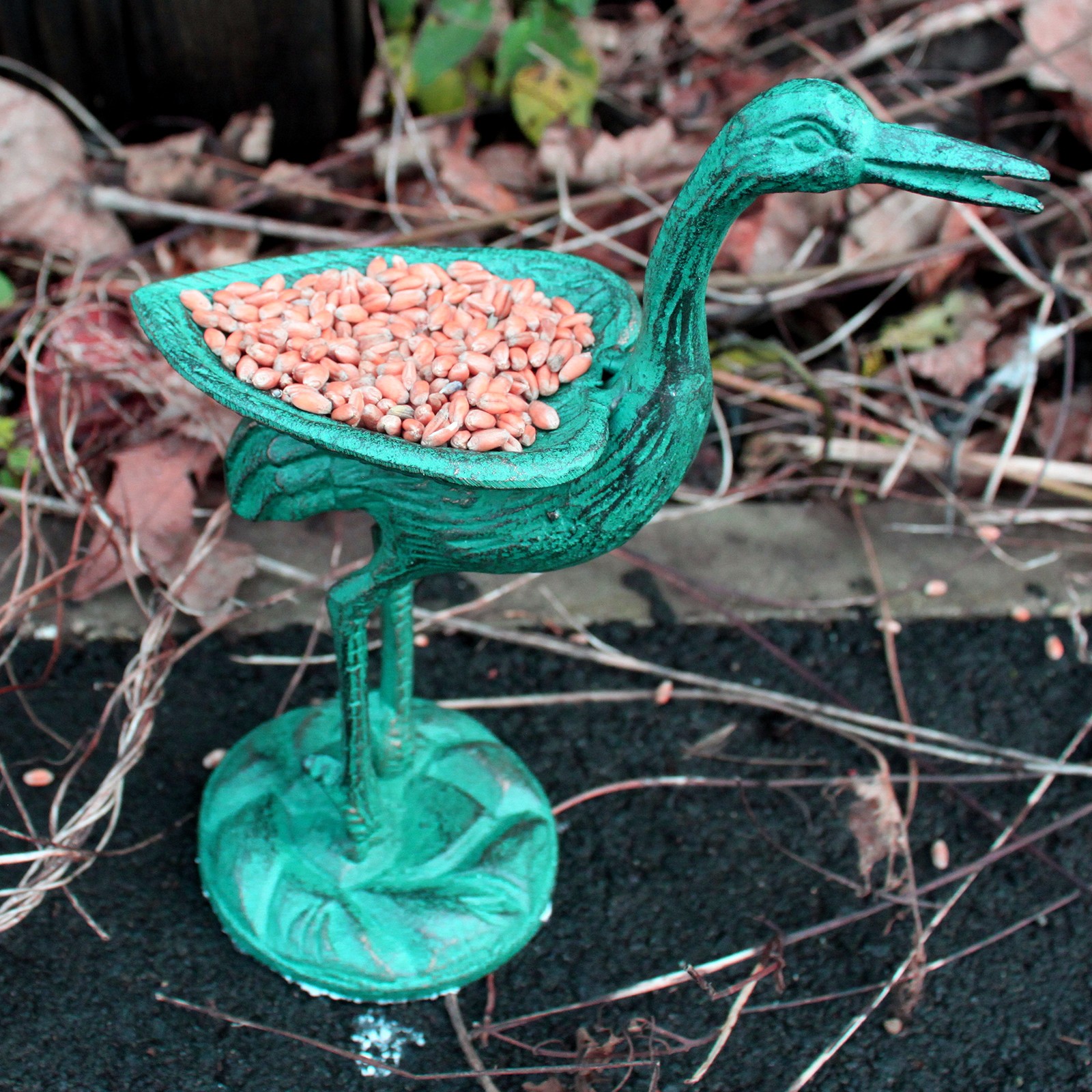 Vogel Futter Schale Storch 21 cm grün aus Eisen