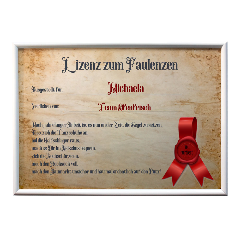 Geschenk zum Ruhestand Alu-Tafel Lizenz zum Faulenzen mit Name
